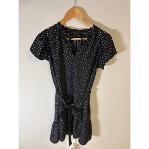 ANN TAYLOR Black White Polka Dot Tie‎ Neck Flutter Sleeve Tiered Mini Dress XS